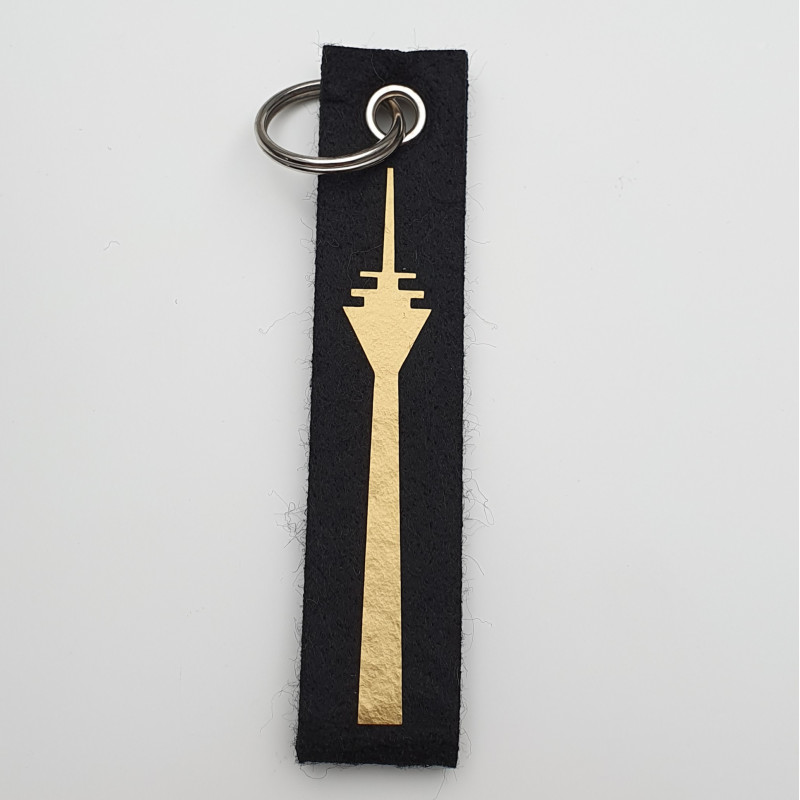 Schwarzer Schlüsselanhänger mit goldenem Rheinturm