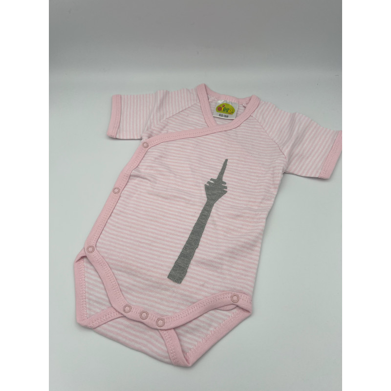 Wickelbody kurzarm rosa-weiß geringelt mit grauem Turm 62/68